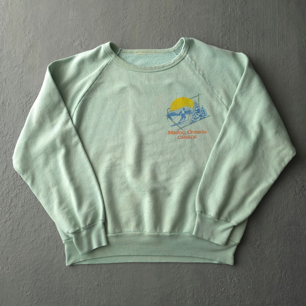 Vintage 70s Mint Green Sweatshirt Medium Madoc Ontario Canada Skiing Raglan